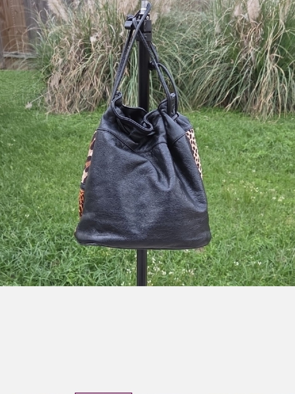 SAMIR Patchwork Leopard Print Drawstring Bucket Bag Leather - Picture 2 of 7